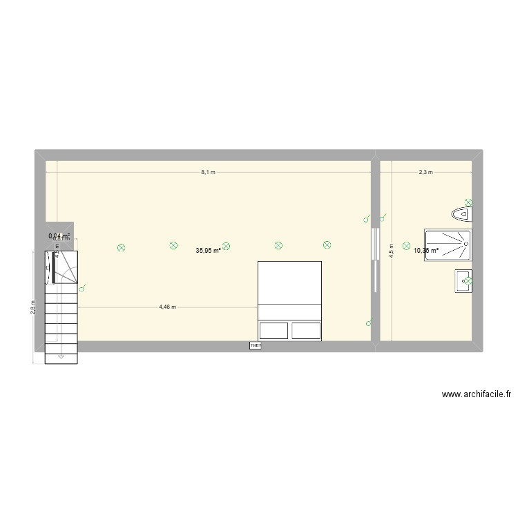 Plan comble avec éclairage. Plan de 3 pièces et 47 m2