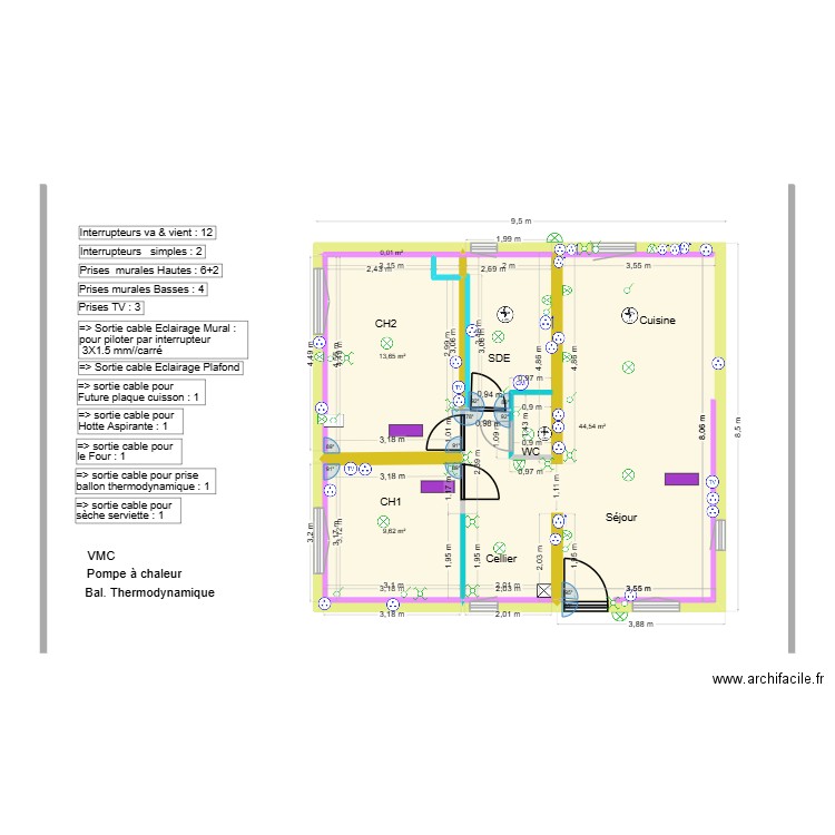Pibrac Projet Elec Bis bis. Plan de 4 pièces et 68 m2