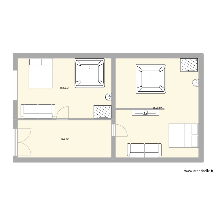 fierlznt jacuzi. Plan de 3 pièces et 77 m2