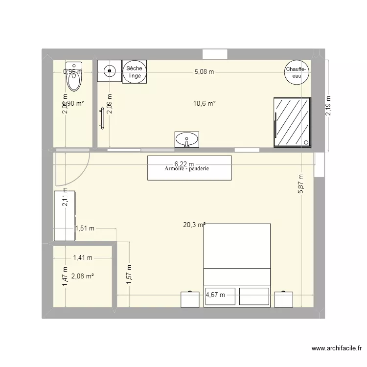 chambre appartement etage. Plan de 4 pièces et 35 m²