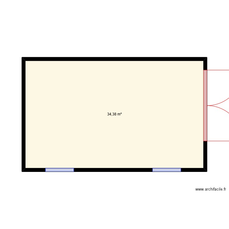 BARAQUE. Plan de 1 pièce et 34 m2