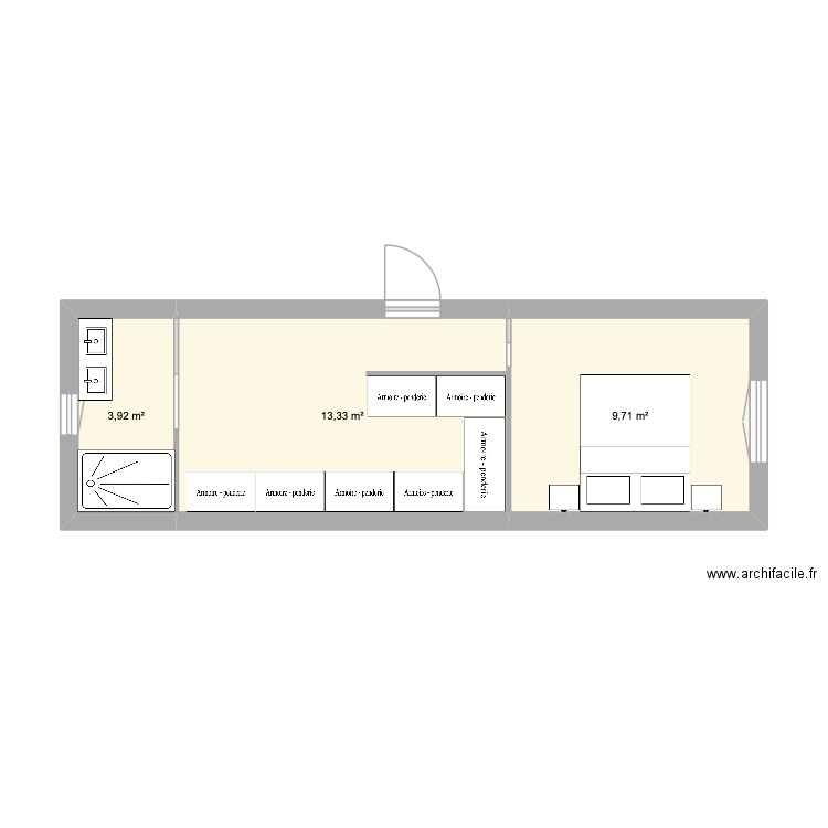 extension. Plan de 3 pièces et 27 m2