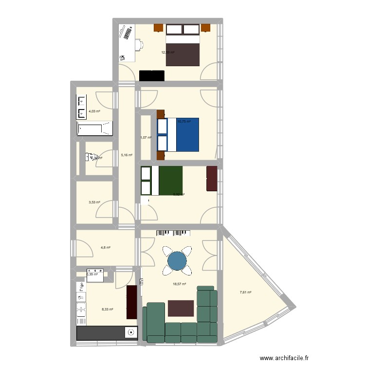 appart. Plan de 13 pièces et 89 m2