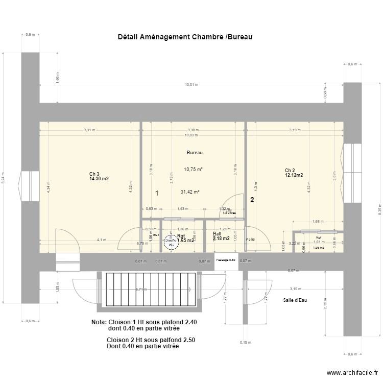 Aménagement Bureau : chambres Modif. Plan de 2 pièces et 42 m2