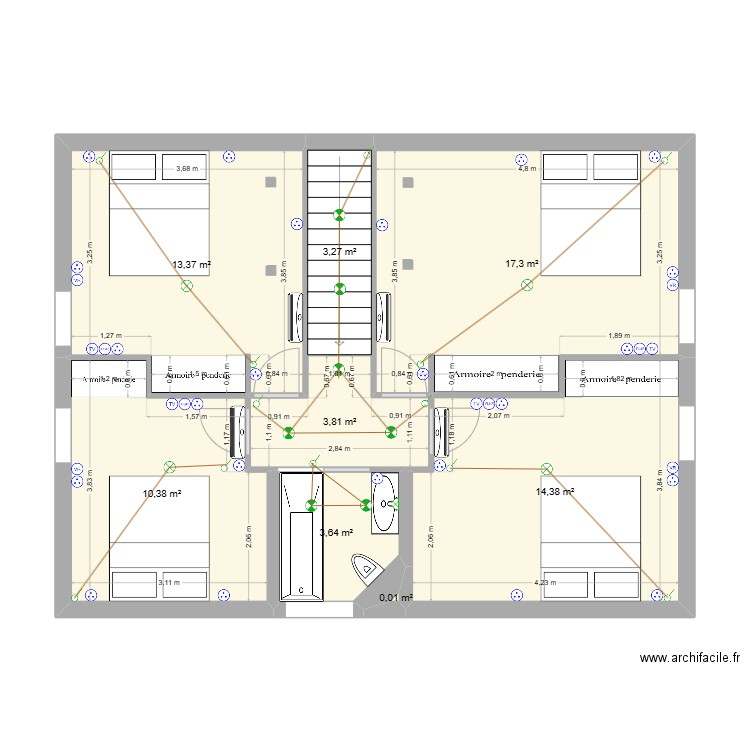 Maison PEUPLIERS - 1er (aménagé palier équerre). Plan de 8 pièces et 66 m2