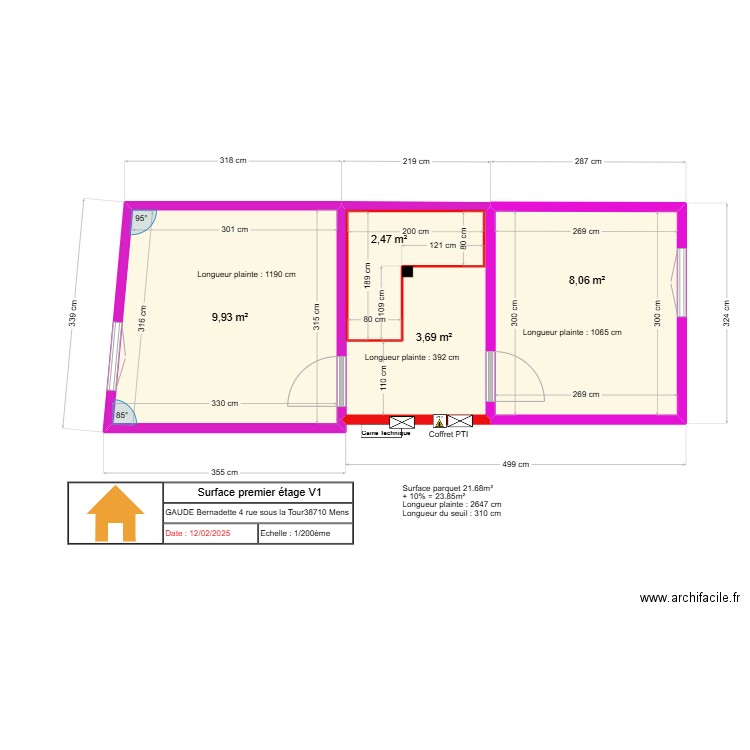  Surface premier étage V1. Plan de 4 pièces et 27 m2