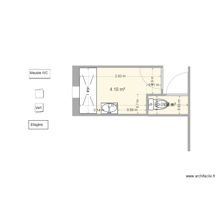 Salle de bain 1+ WC. Plan de 2 pièces et 5 m2