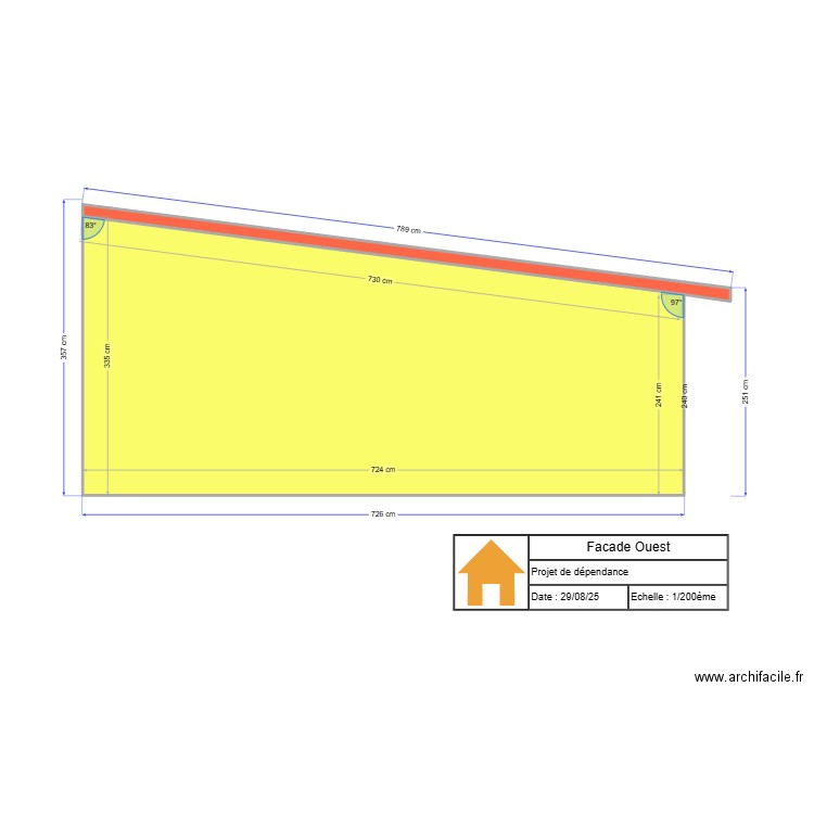 Facade ouest. Plan de 2 pièces et 22 m2