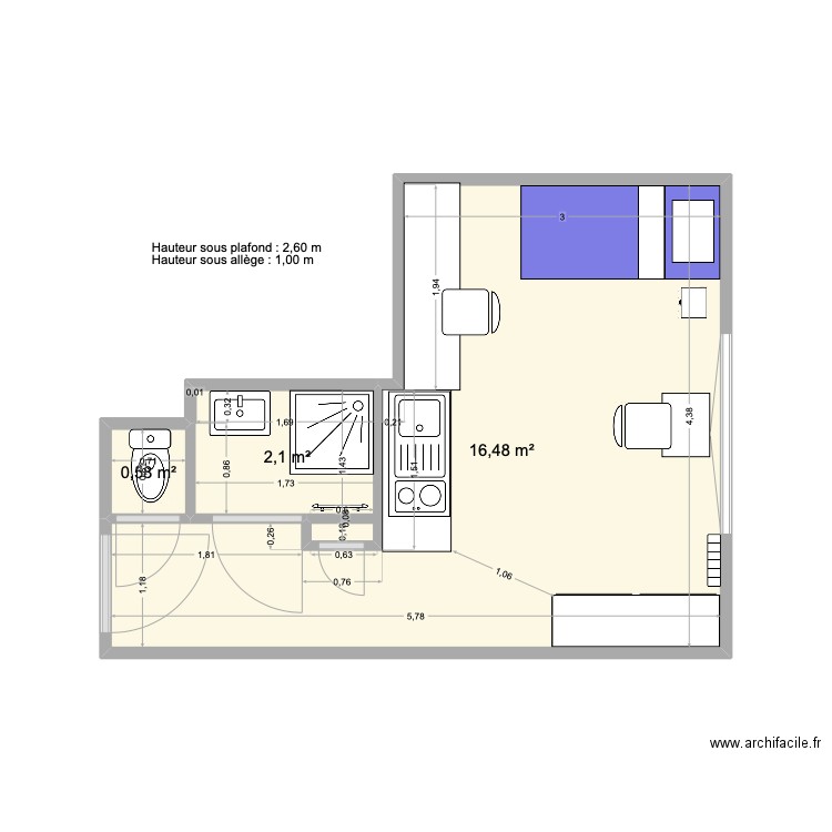 Studio 6 Meubles V3. Plan de 3 pièces et 19 m2