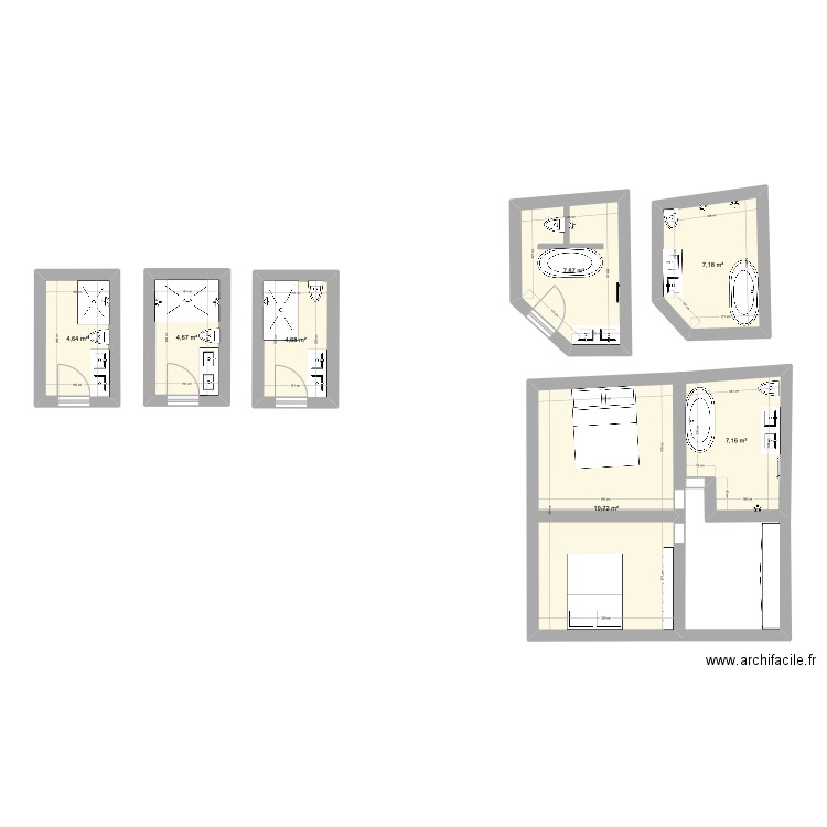 salle de bain. Plan de 7 pièces et 56 m2