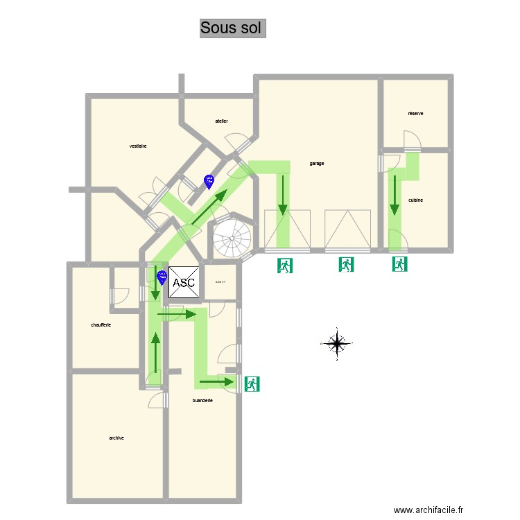 sous sol. Plan de 16 pièces et 251 m2