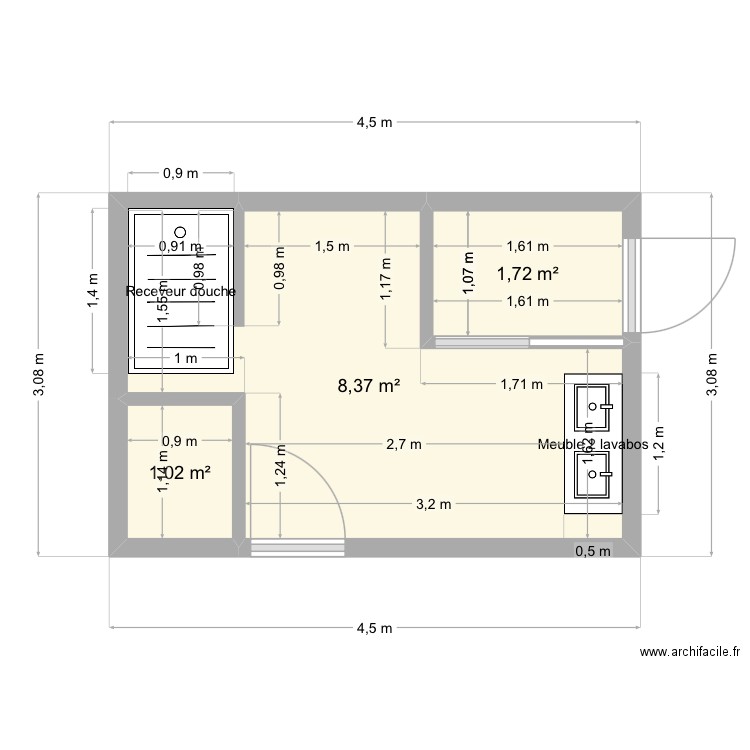 .SDB hanvoile. Plan de 3 pièces et 11 m2