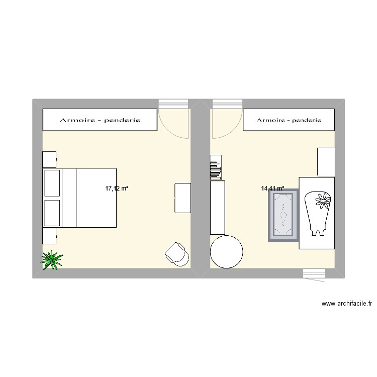 Chambre. Plan de 2 pièces et 32 m2