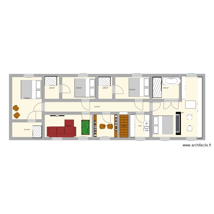 first floor. Plan de 13 pièces et 91 m2