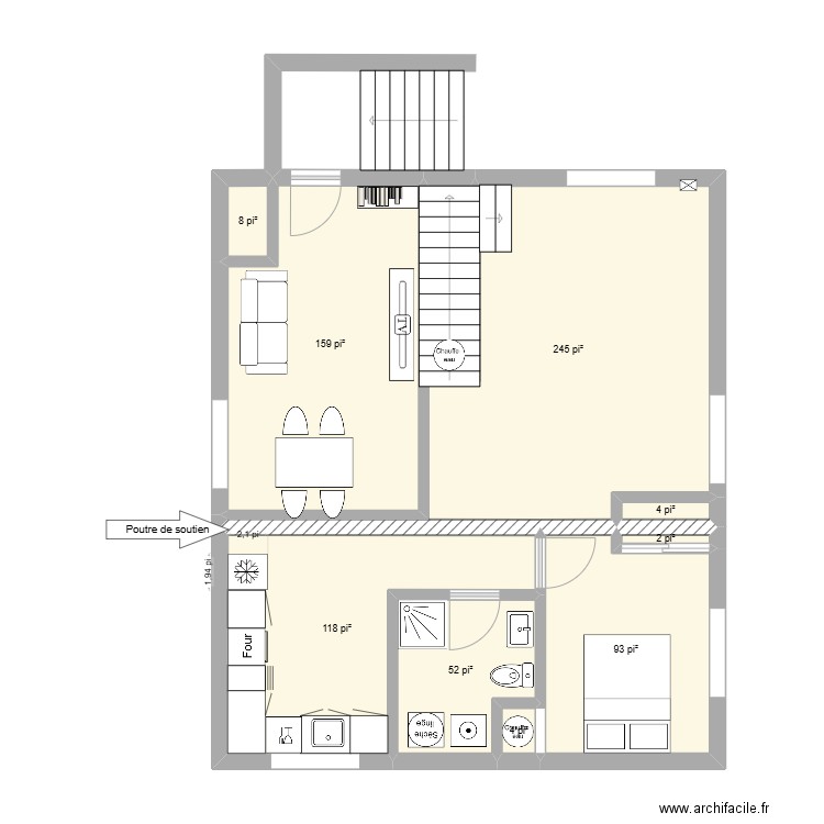 S-Sol porte derriere. Plan de 9 pièces et 64 m2