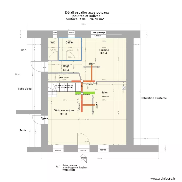 R de Ch Escalier poutres et poteaux. Plan de 