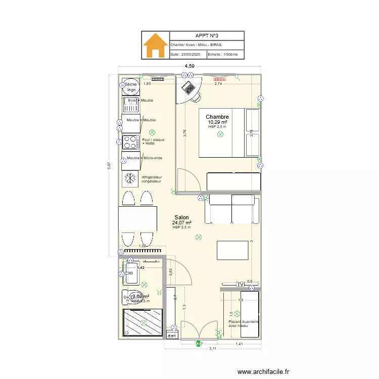 APPART N&deg;3 le 23 03 25. Plan de 3  et 38 m²
