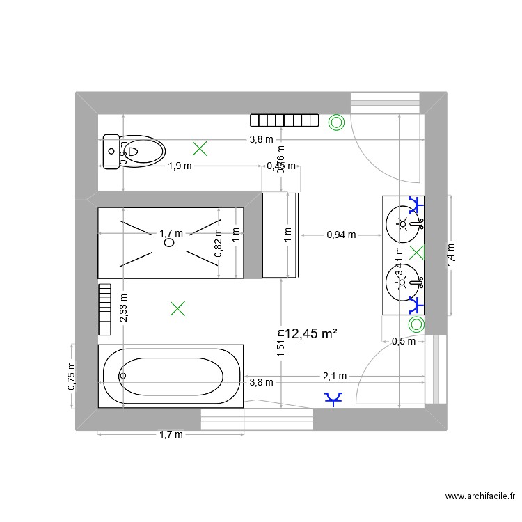 aménagement SDB. Plan de 1 pièce et 12 m2
