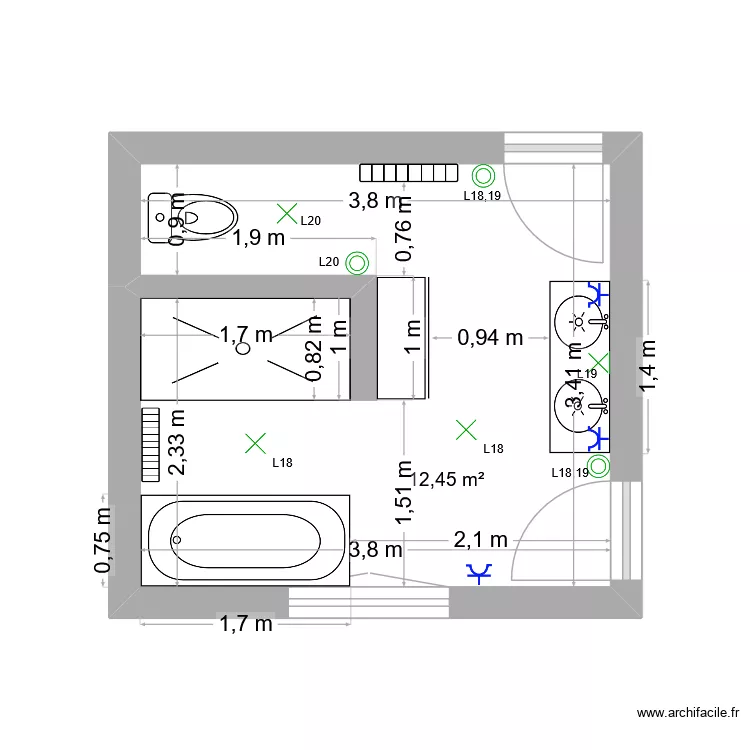 am&eacute;nagement SDB. Plan de 1  et 12 m²
