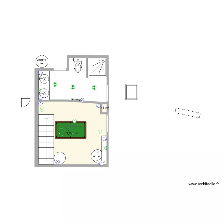 bureau sdb 2. Plan de 2 pièces et 9 m²