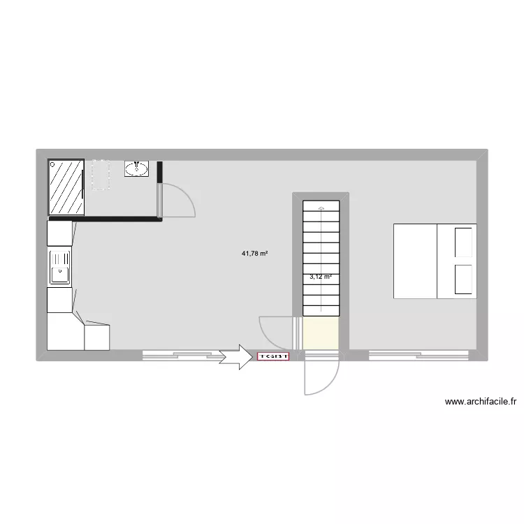 STUDIO RDC. Plan de 2 pièces et 45 m²