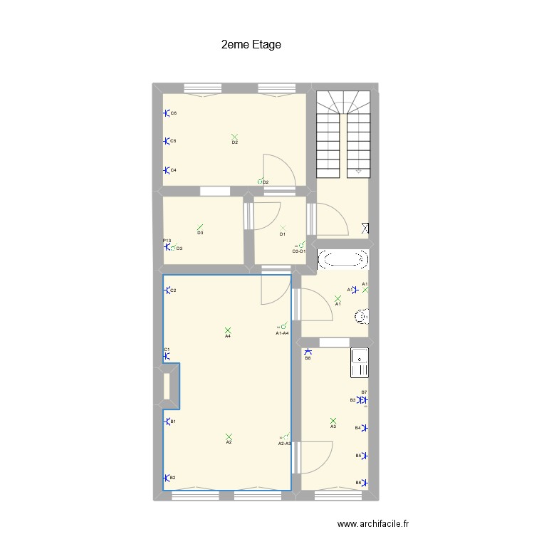 2eme étage immeuble Sainte Marguerite. Plan de 8 pièces et 50 m2