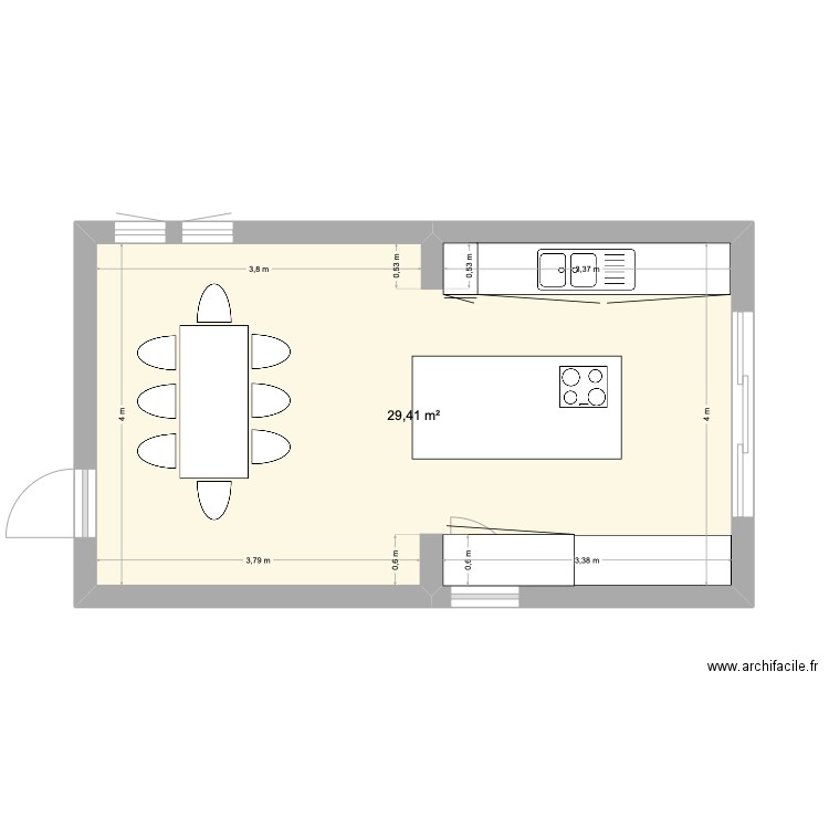 Cuisine. Plan de 1 pièce et 29 m2