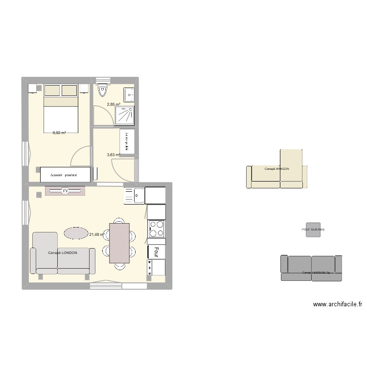 Appart. Plan de 4 pièces et 38 m2