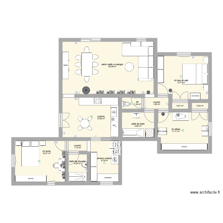 mobilier ben et sab. Plan de 13 pièces et 98 m2