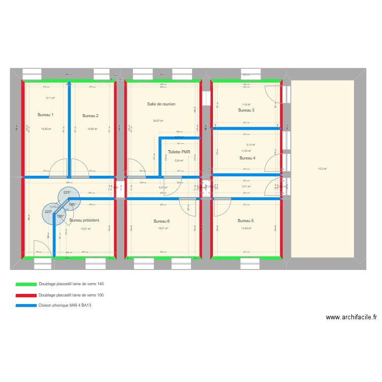 Bureaux administratif cloisons 7 bureaux. Plan de 20 pièces et 193 m2