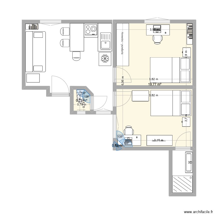 Rennequin. Plan de 3 pièces et 21 m2