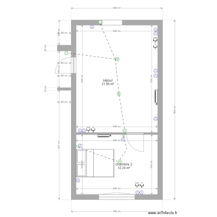 électricité séjour chambre2. Plan de 2 pièces et 34 m2