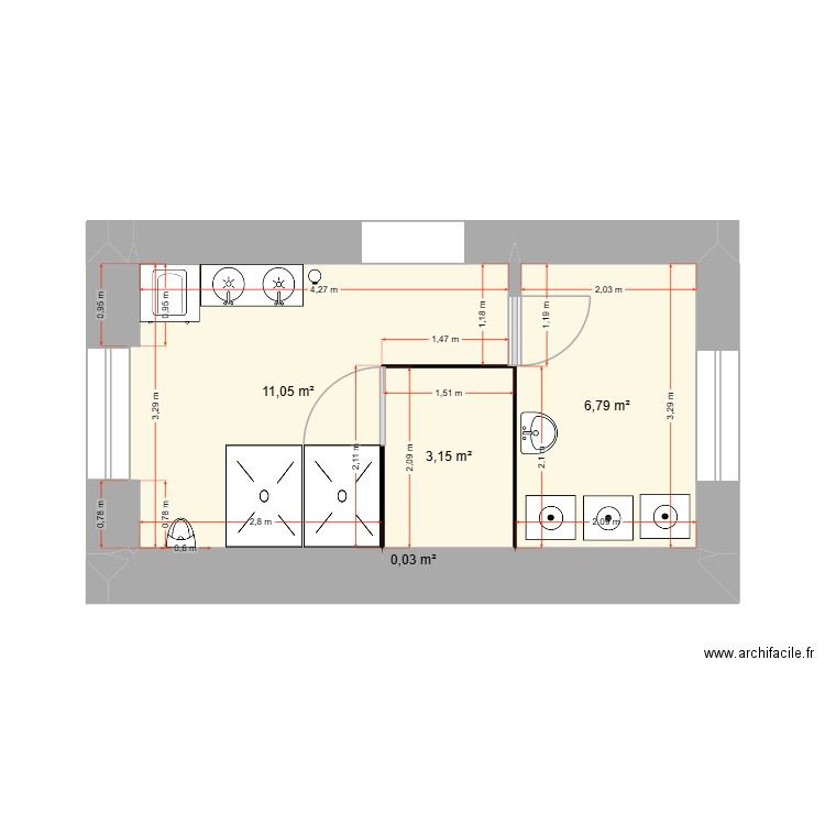 wc la gare. Plan de 4 pièces et 21 m2