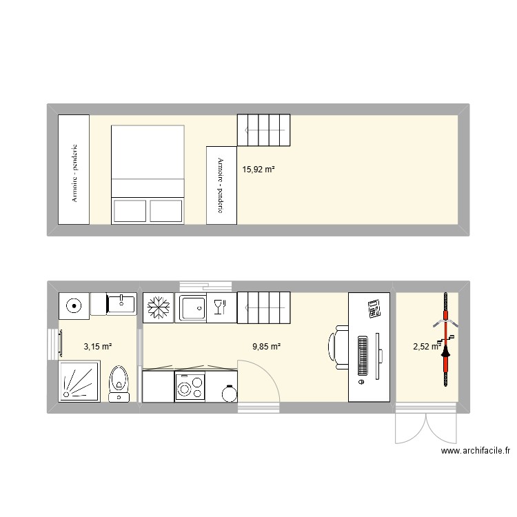 Tiny House Remorque 2.5m de large. Plan de 4 pièces et 31 m2