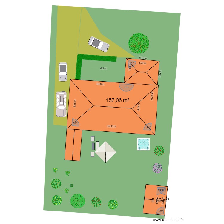 JARDIN. Plan de 2 pièces et 166 m2