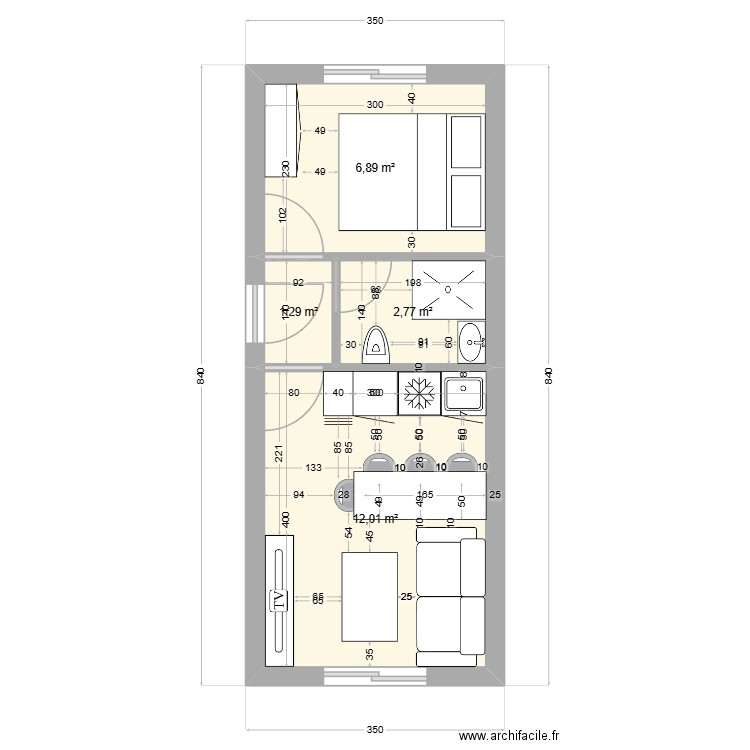 Studio. Plan de 4 pièces et 23 m2