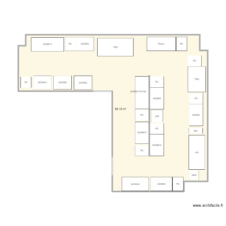 L1204 actuel. Plan de 1 pièce et 58 m2