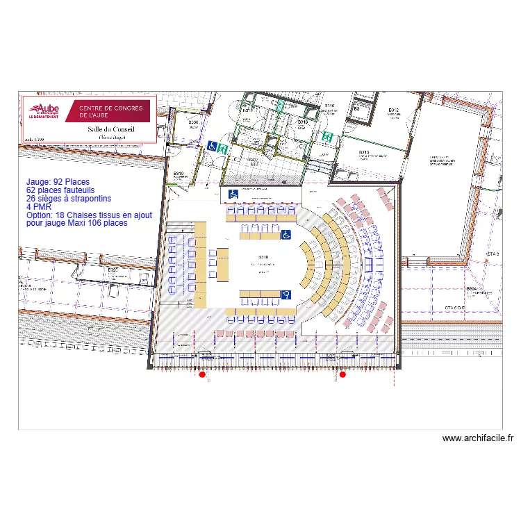 Salle du Conseil jauge maxi avec chaises. Plan de 