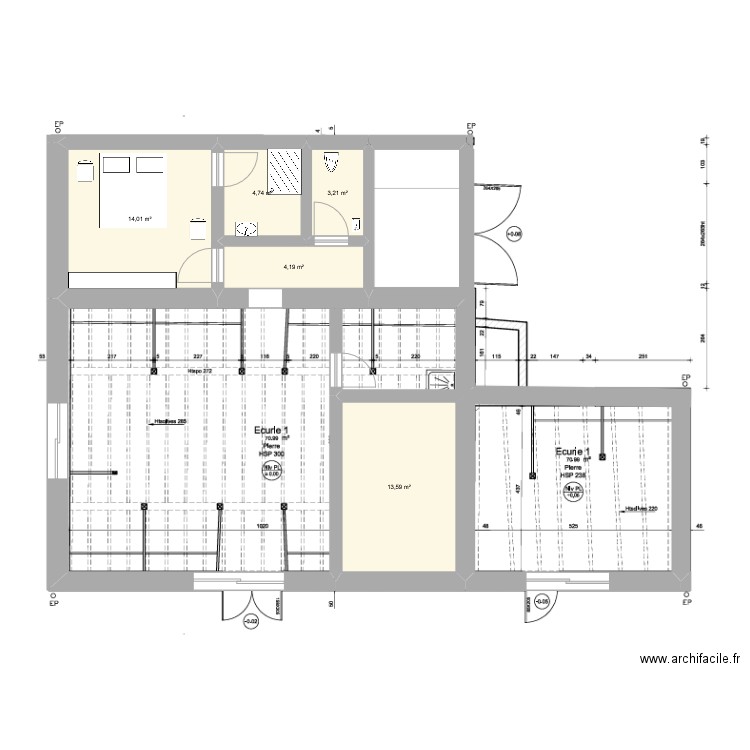 ecurie. Plan de 5 pièces et 40 m2