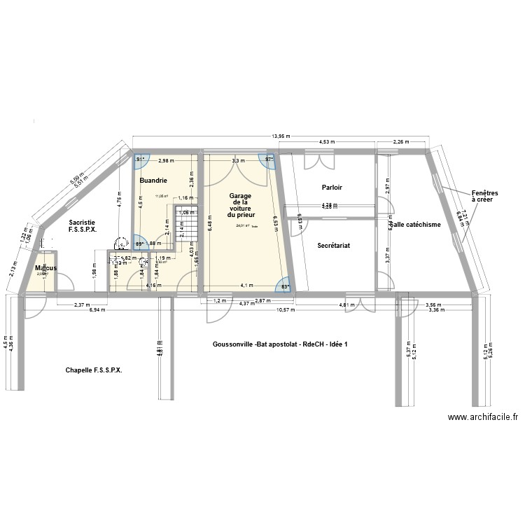 Goussonville - Bat apostolat - RdeCH - idée 1. Plan de 4 pièces et 47 m2