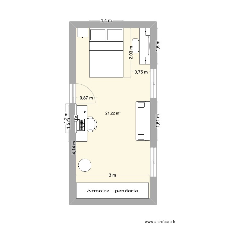 CHAMBRE LILY4 V2. Plan de 1 pièce et 21 m2