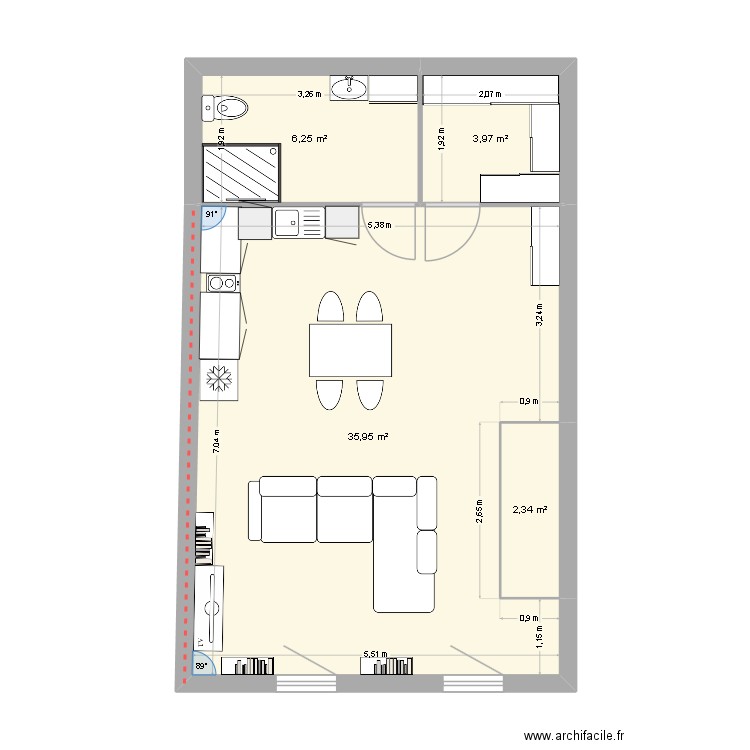 45  R+1. Plan de 4 pièces et 49 m2