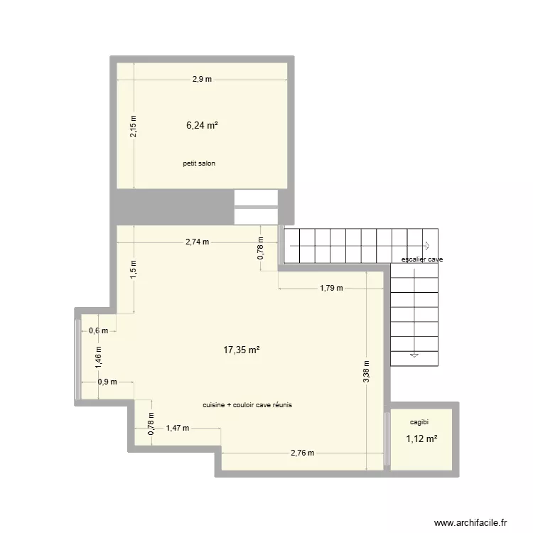 plan 2026 cuisine+couloir cave reunis + petit salon. Plan de 3  et 25 m²