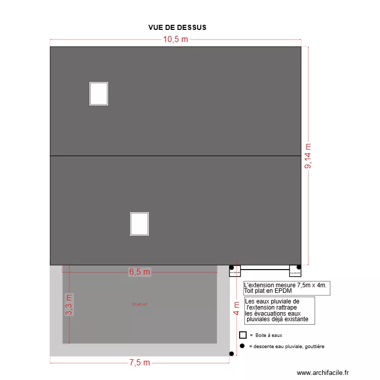 vue de dessus toiture. Plan de 1  et 21 m²
