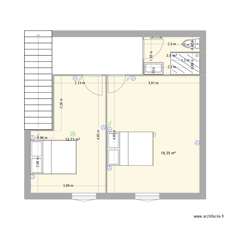 chambre. Plan de 3 pièces et 35 m2