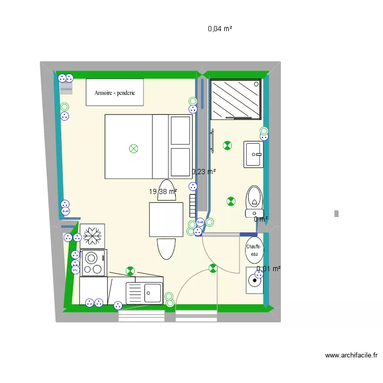 T1 bis lareveli&eacute;re plan elec. Plan de 6  et 20 m²
