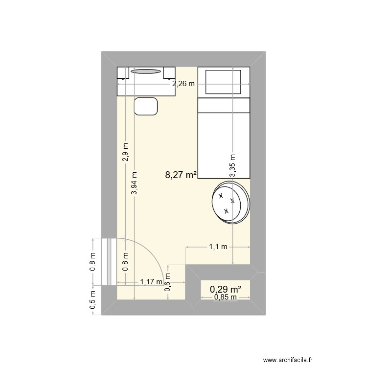 Chambre Noélie. Plan de 2 pièces et 9 m2