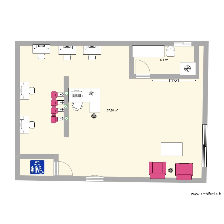 salon de coiffure pour lycée. Plan de 2 pièces et 81 m2