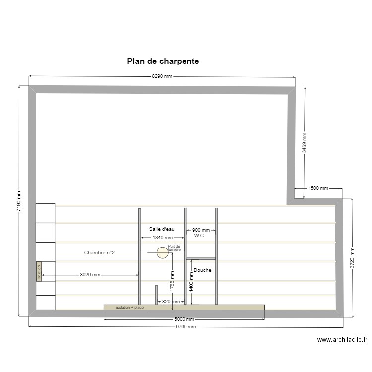 Plan de la charpente. Plan de 1 pièce et 58 m2