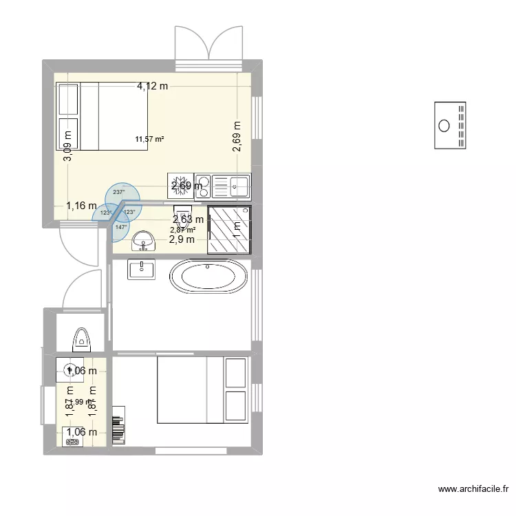 Extension 2. Plan de 3 pièces et 16 m²